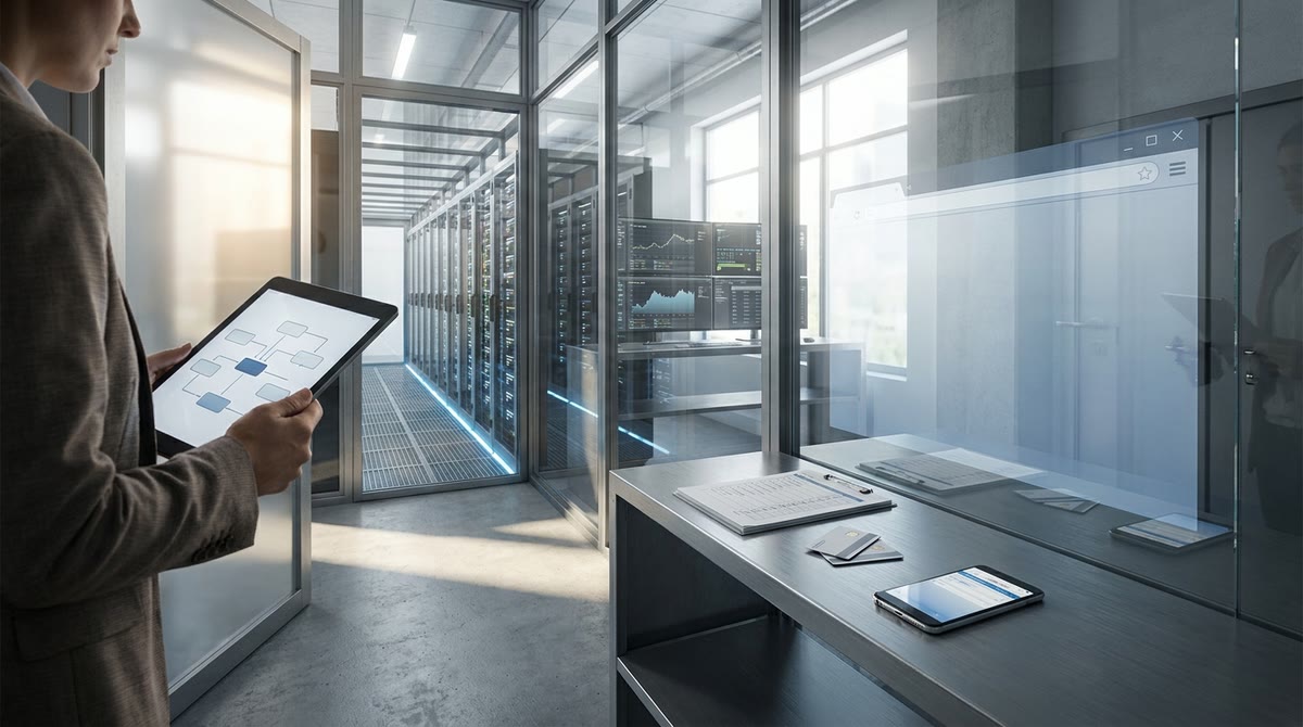 Những tờ ghi chú và sơ đồ workflow được ghim trên tường nghiên cứu trong phòng họp