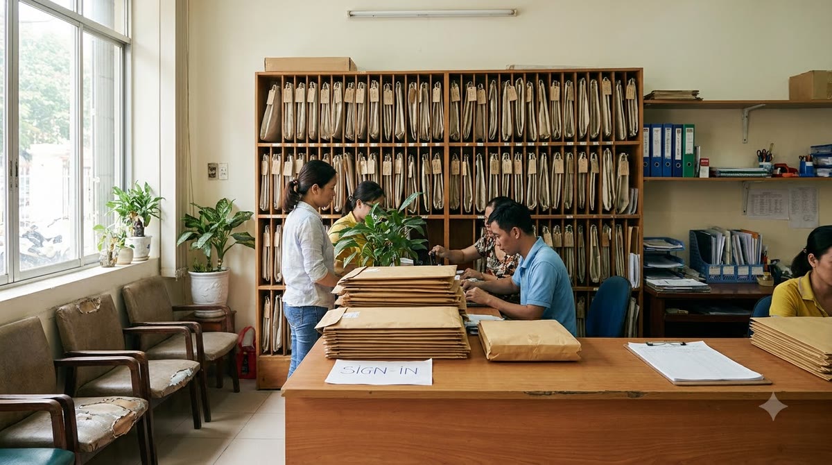 Quầy dịch vụ với hồ sơ giấy và thẻ đăng nhập cổng thông tin