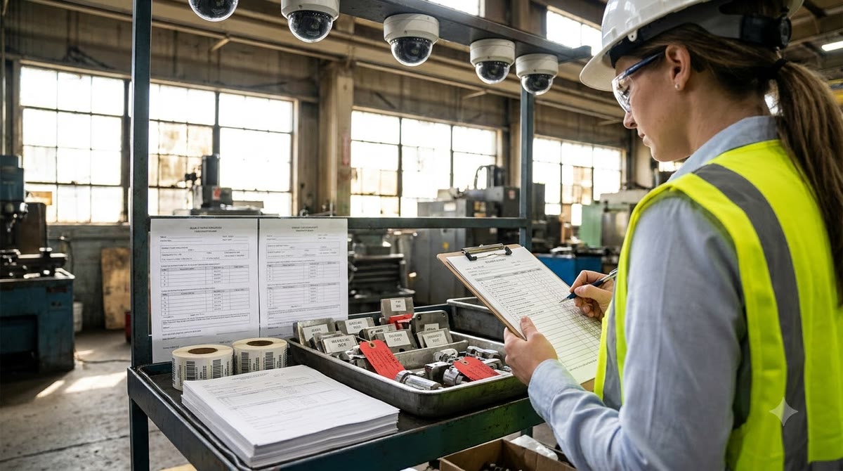 Engineer checking defect samples and a paper board in a factory area