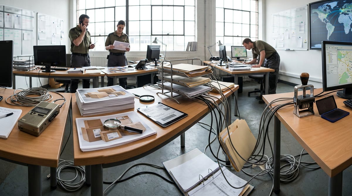 An operations space with multiple workstations, a voice recorder, paperwork, and verification stamps