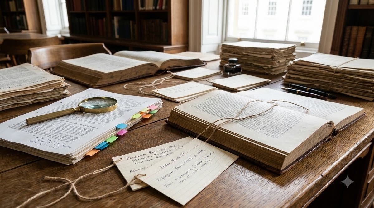 Printed pages, a marker pen, and a notebook linked into a source-verification network