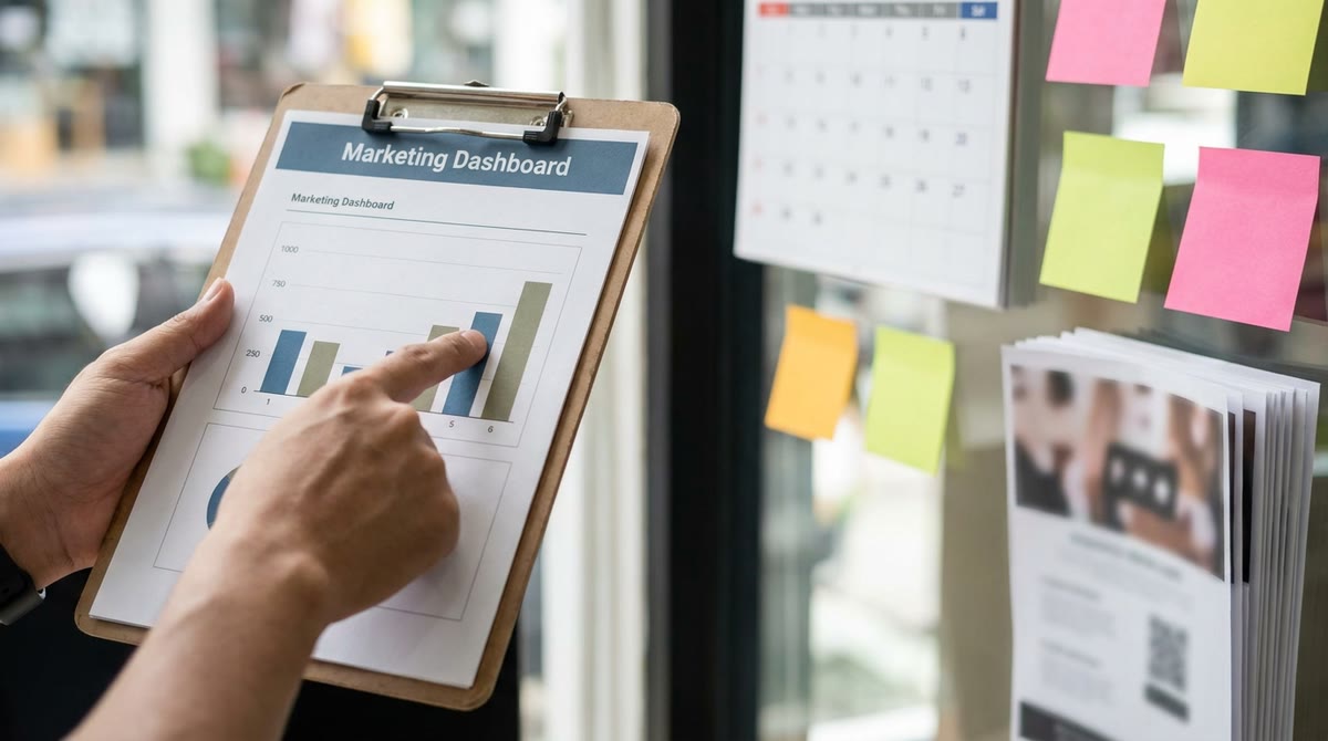 Local marketing analysis desk with view charts and sticky notes beside a store