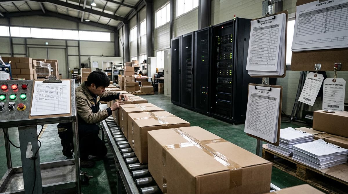 Khu vực kiểm tra hệ thống với máy chủ, biểu mẫu rà soát và đèn tín hiệu