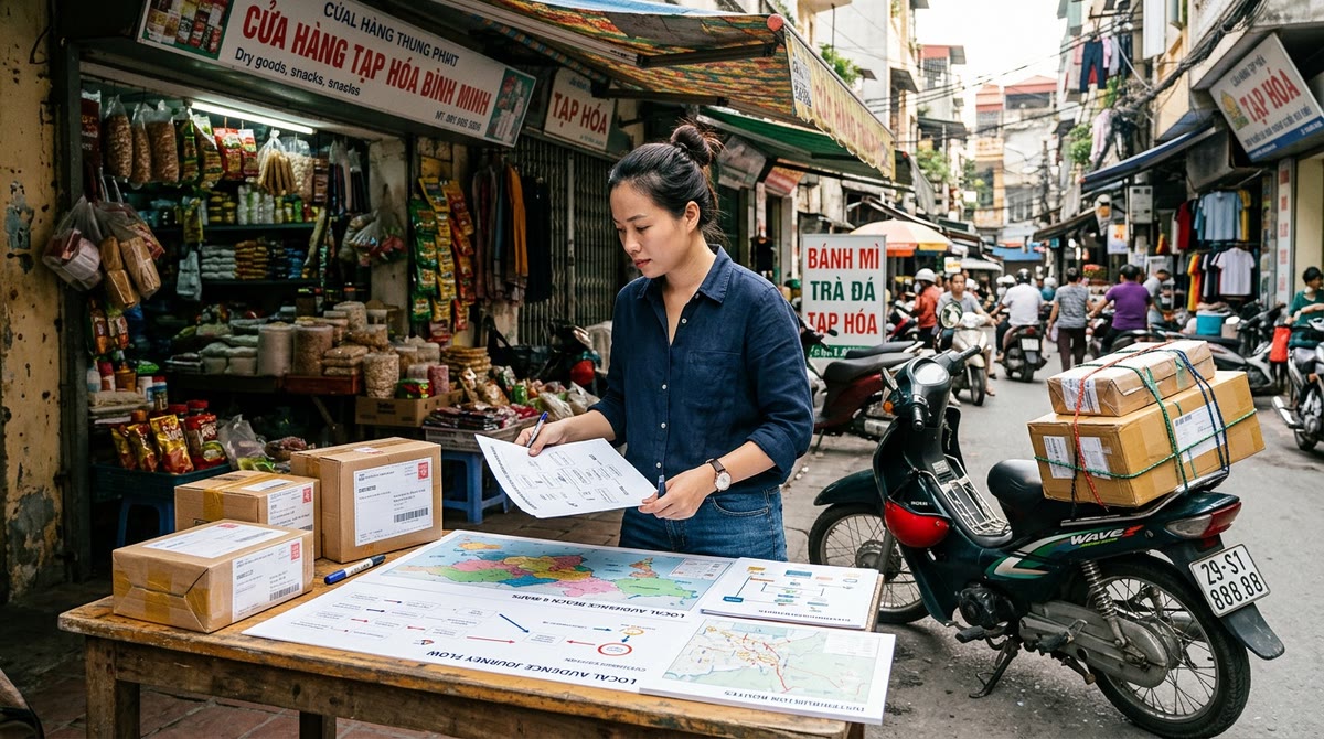Khu phố Việt Nam với sơ đồ hành trình khách hàng, gói hàng và xe giao nhận