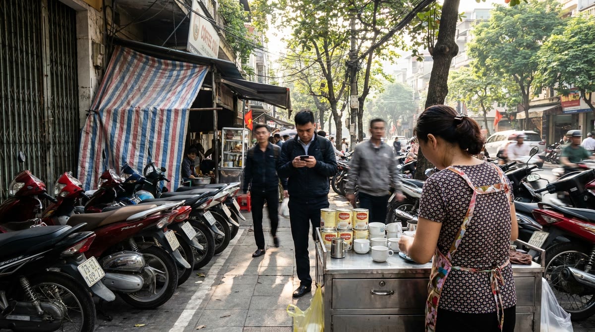 Góc cà phê vỉa hè đông người, xe máy đậu sát lề đường