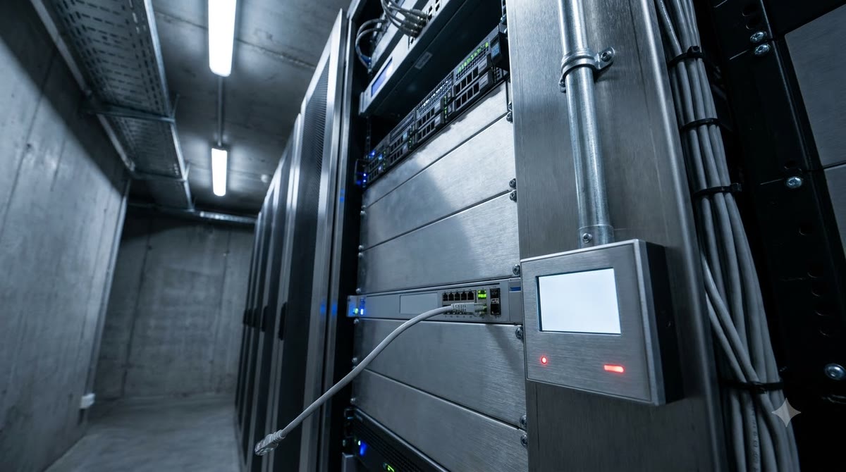Close-up of server racks and an access control panel in a data center