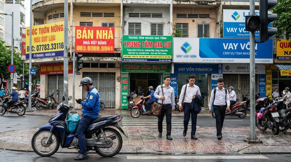 Đường phố Sài Gòn trước dãy cửa hàng dịch vụ, người đi lại giữa bối cảnh quảng cáo cạnh tranh