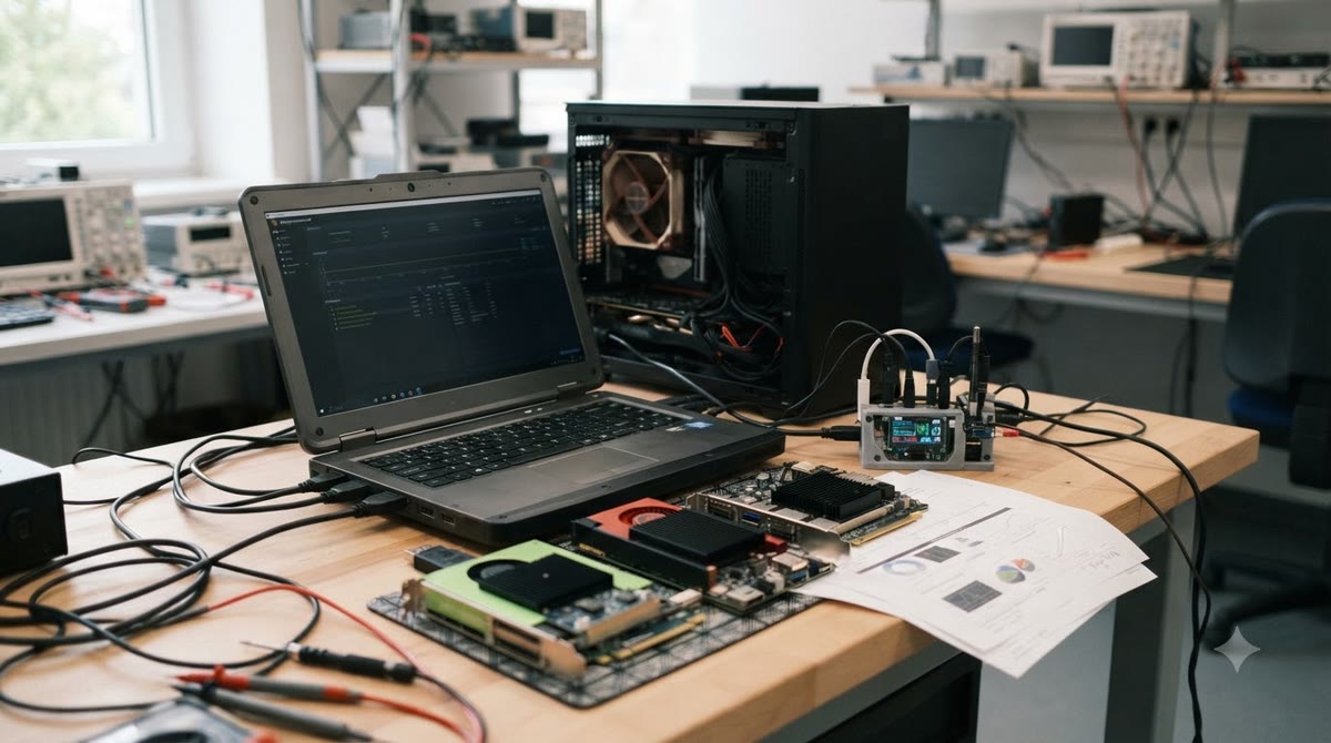 Bộ máy benchmark nhỏ gọn cạnh card tăng tốc AI và giấy ghi kết quả đo