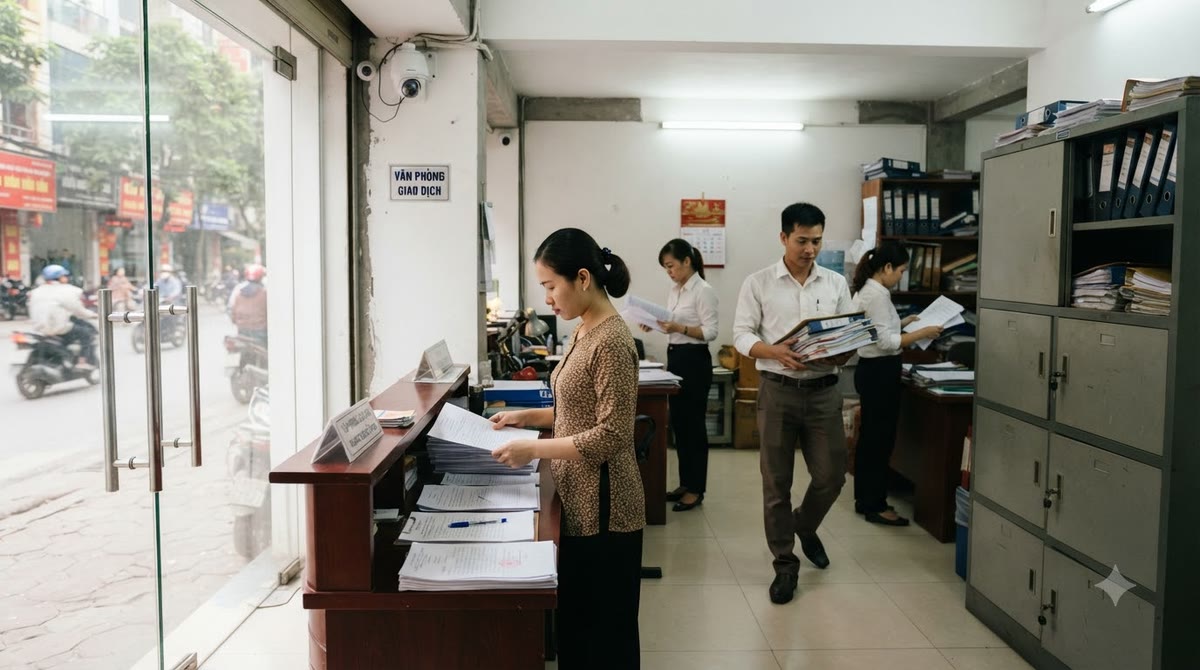 Lối vào văn phòng doanh nghiệp nhỏ với biểu mẫu giấy, tủ hồ sơ khóa kín và nhân viên cầm báo cáo