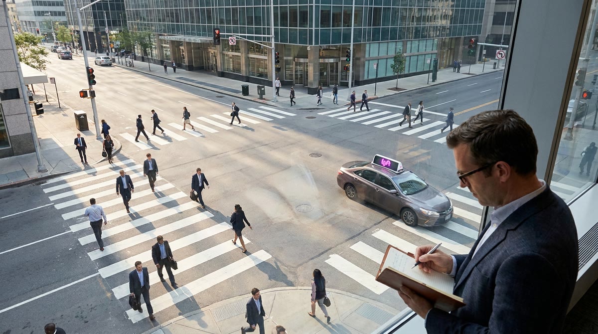 A city intersection with pedestrians and vehicles showing multiple different touchpoints