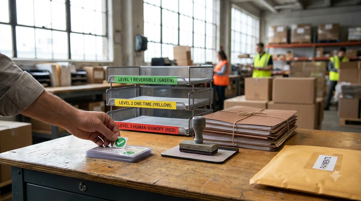An operations desk with colored approval trays, stamps and sealed customer files