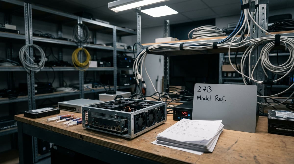 Máy mini, quạt tản nhiệt và giấy benchmark trên bàn thử nghiệm phần cứng nhỏ gọn