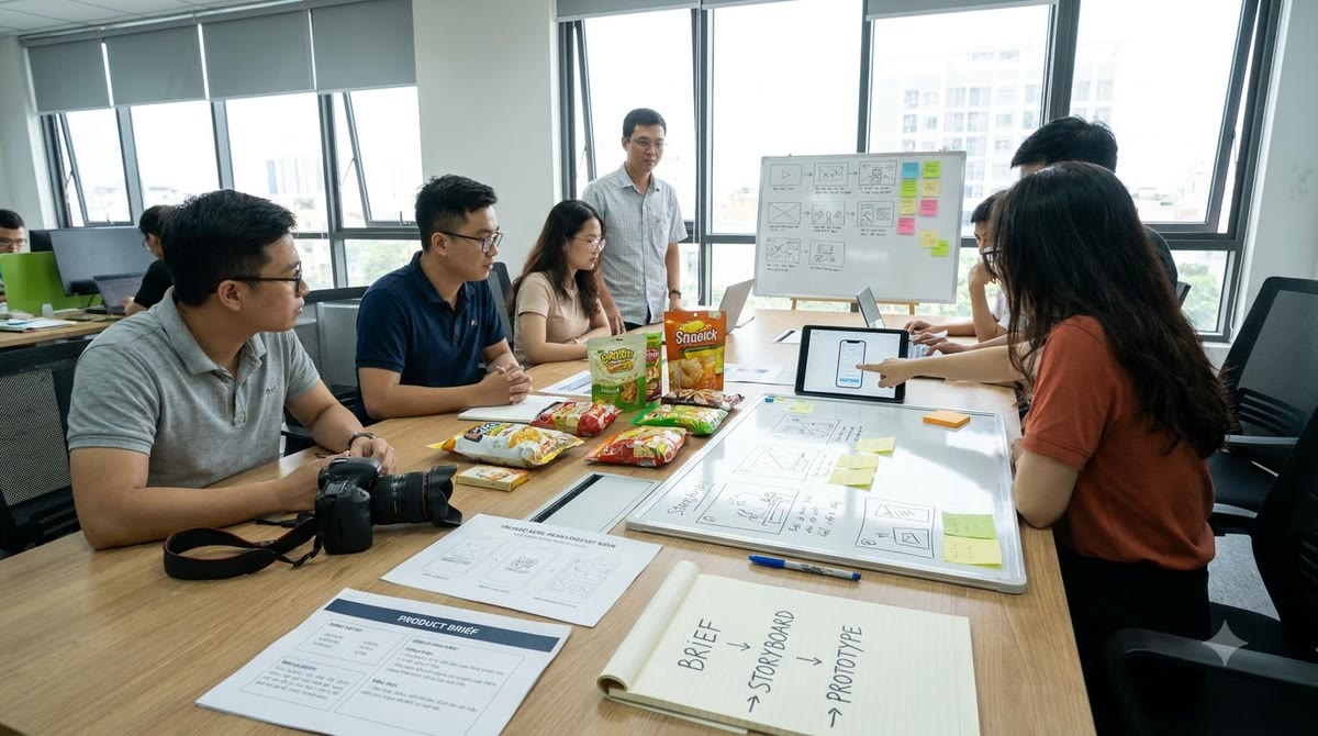 Nhóm marketing Việt rà brief in, storyboard và mẫu prototype trên bàn