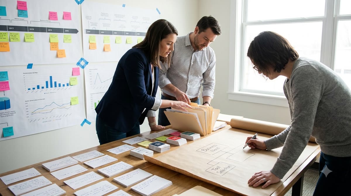 Nhóm marketer chọn vài công cụ trên bàn kế hoạch với giấy ghi chú và biểu mẫu quy trình