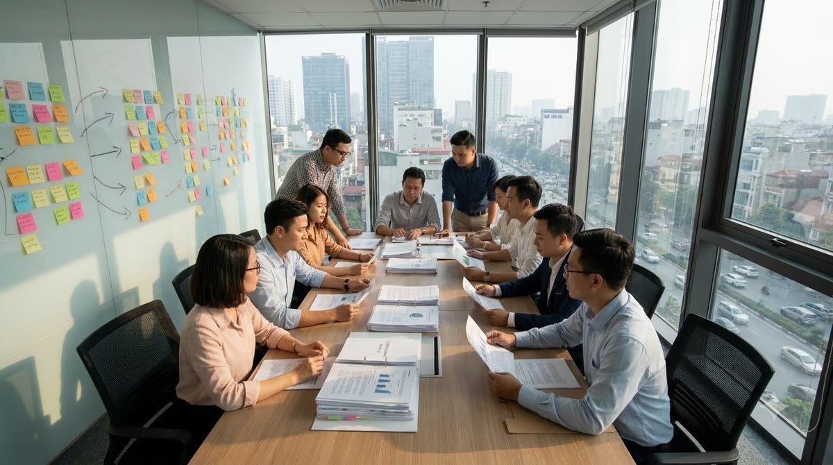 A Vietnamese company meeting room reviewing printed reports, sticky notes, and a data-flow diagram