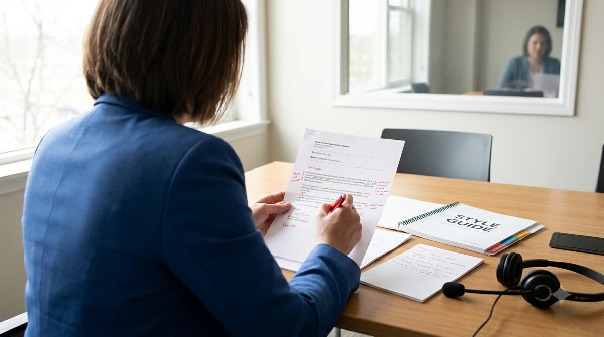 Biên tập viên rà soát bản nháp email in giấy trước khi gửi đi