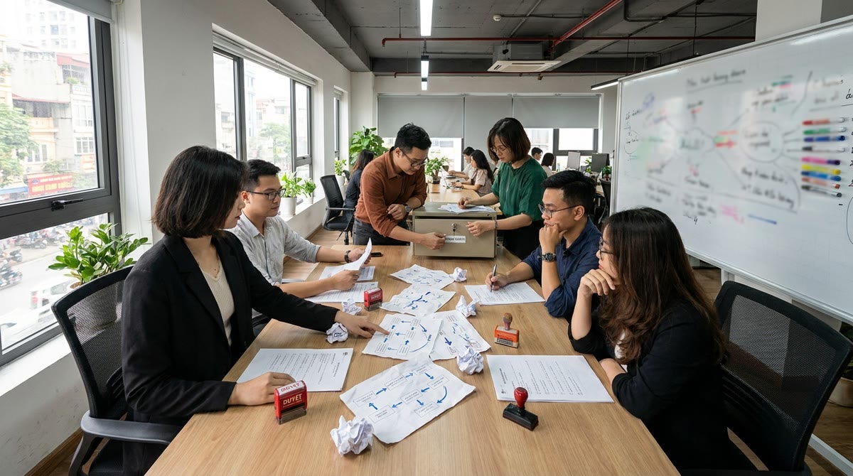 Nhóm marketing tại Hà Nội rà soát quy trình duyệt, tài liệu in và lưu trữ tài sản thương hiệu