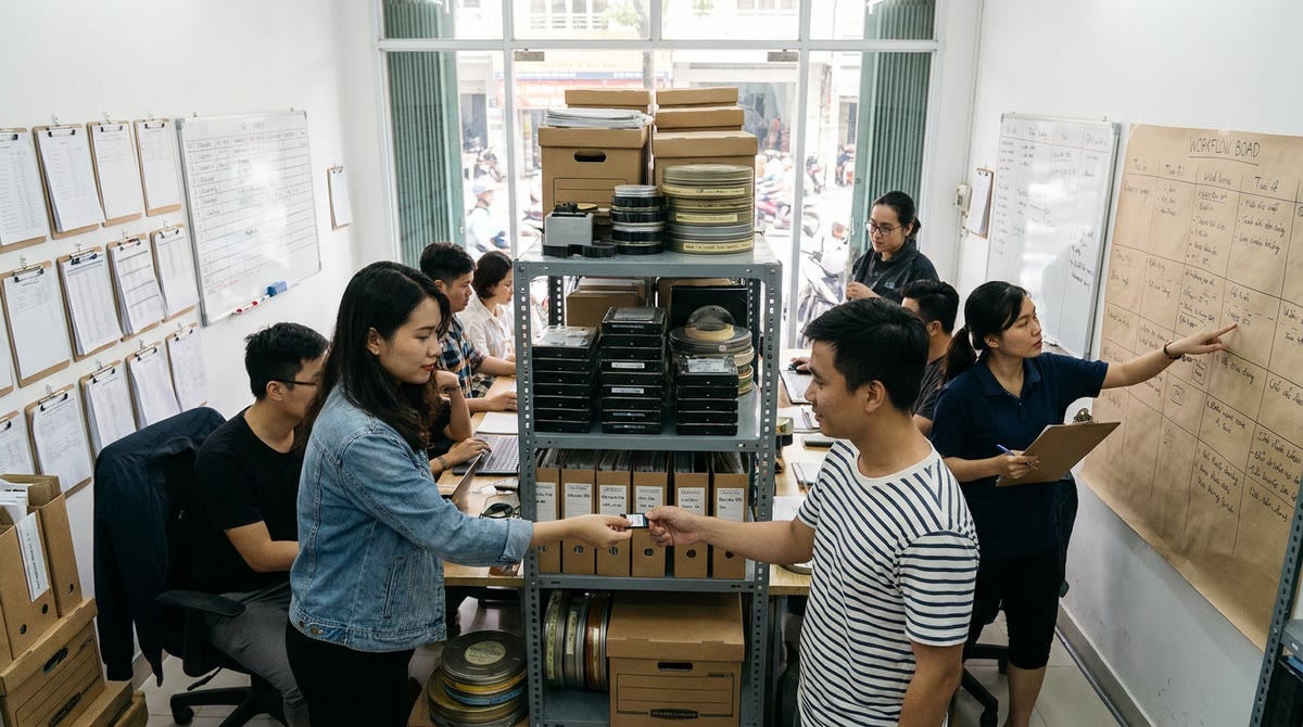 Đội sản xuất Việt Nam trao đổi file gốc, thẻ nhớ và sổ theo dõi quyền truy cập