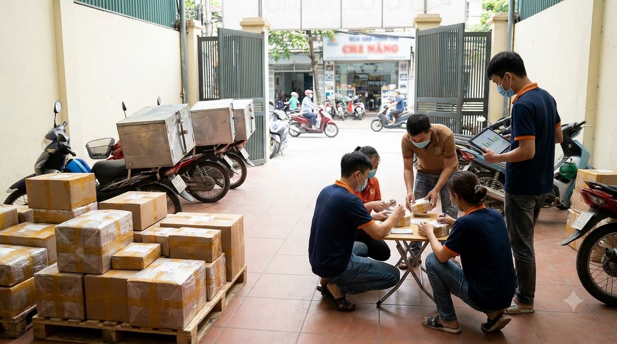 Thùng hàng niêm phong, shipper xe máy và đội kiểm tra đơn trước cửa kho