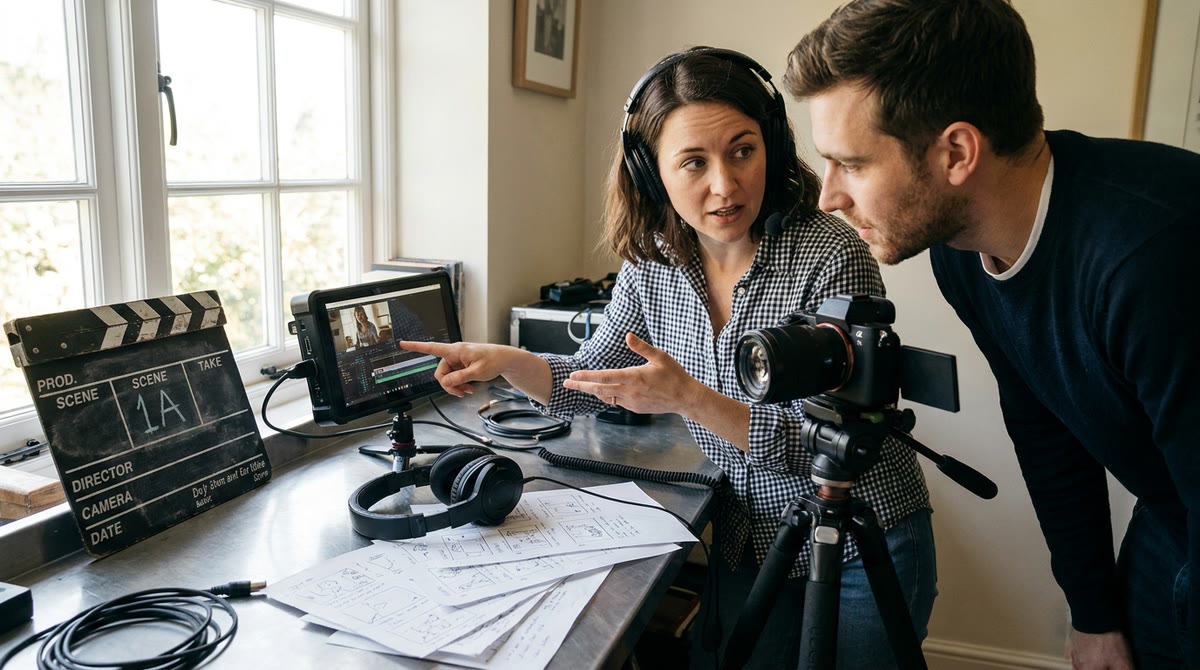Người làm video xem lại màn hình máy quay, trao đổi chỉnh sửa trong studio nhỏ