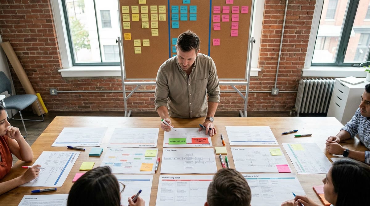 Nhóm marketing phân luồng việc trên bảng dán và giấy in
