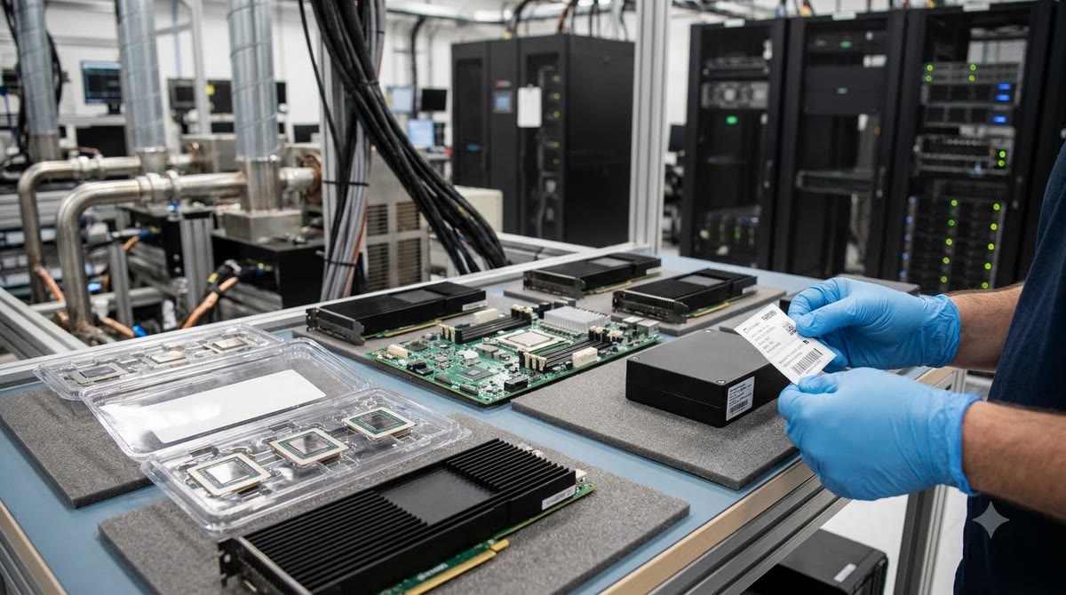 Technician comparing multiple AI chip types in a data infrastructure area