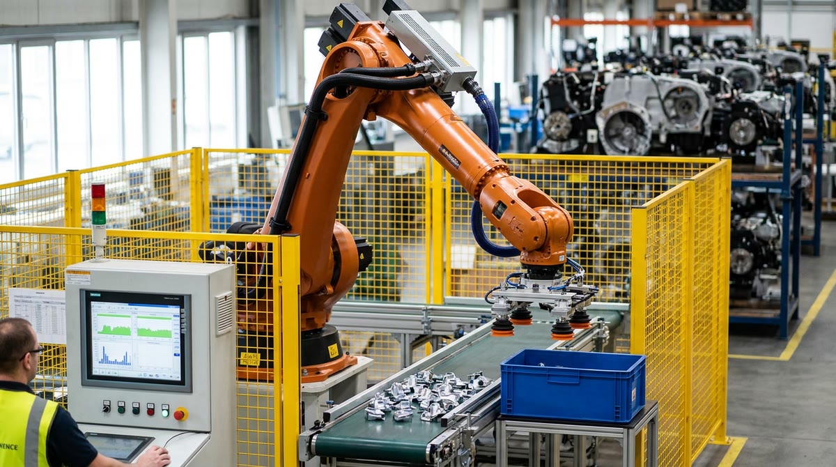 Cánh tay robot thao tác linh kiện kim loại bên trạm kiểm tra chất lượng trong nhà xưởng