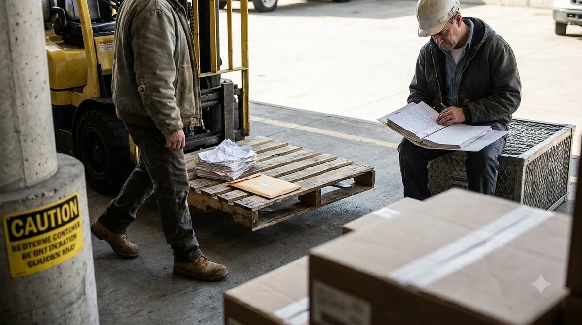 Staff walking through a shipping yard with a printed checklist and a thick process manual