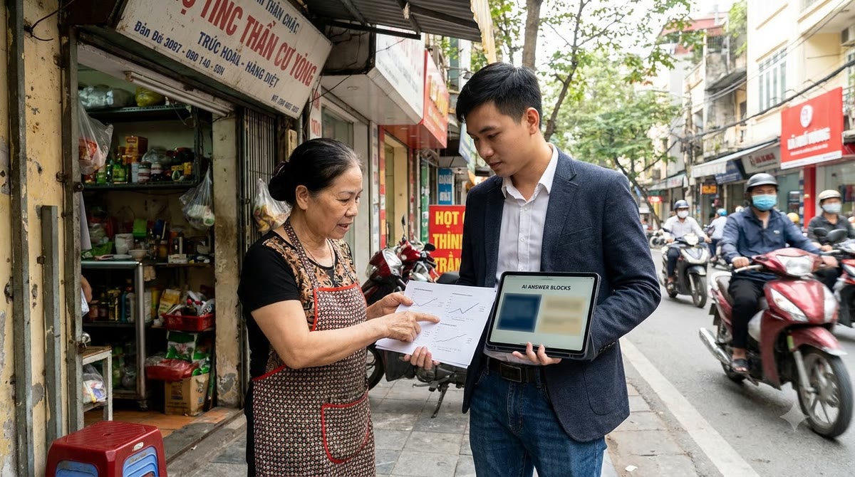 Chủ cửa hàng Hà Nội và tư vấn viên đứng trước mặt tiền, xem tài liệu in
