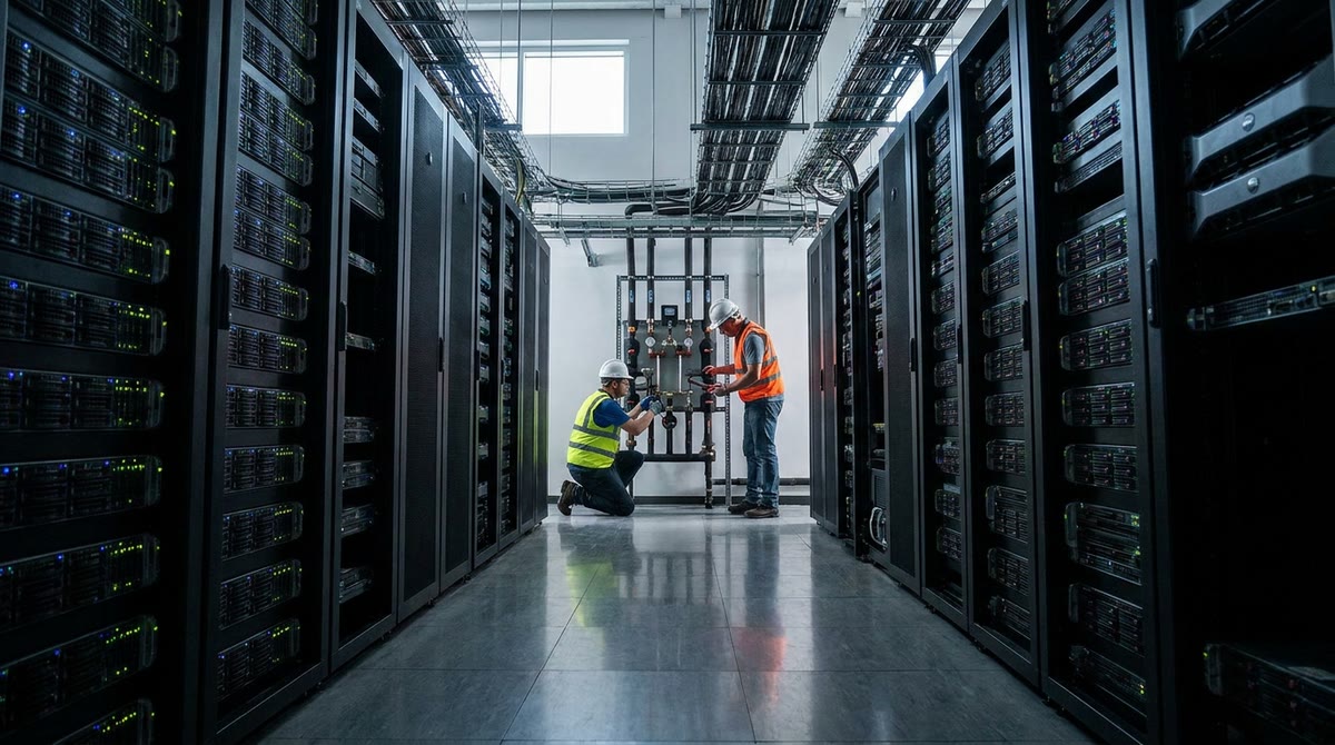 Hành lang máy chủ GPU, kỹ thuật viên kiểm tra hệ thống làm mát