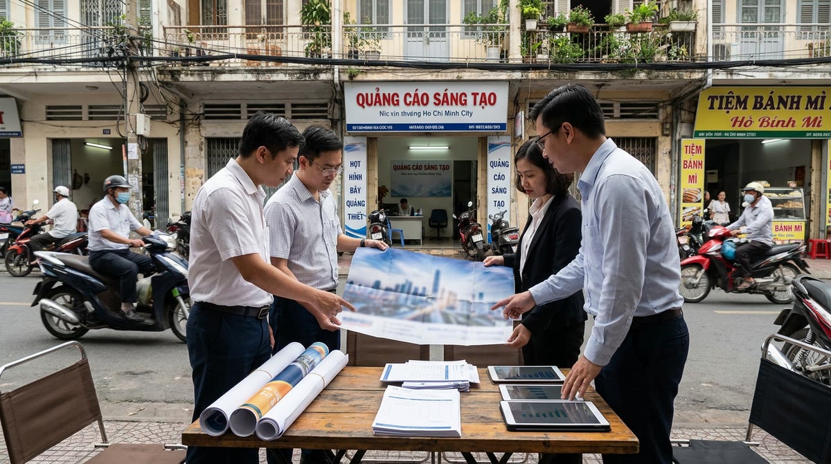 Nhân sự quảng cáo kiểm tra mockup in giấy và biểu mẫu duyệt ngoài phố Sài Gòn