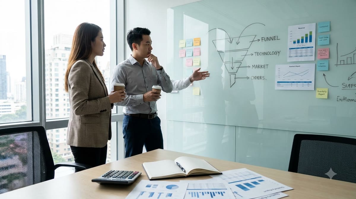 A finance specialist and an SEO specialist standing before a whiteboard full of arrows and reports