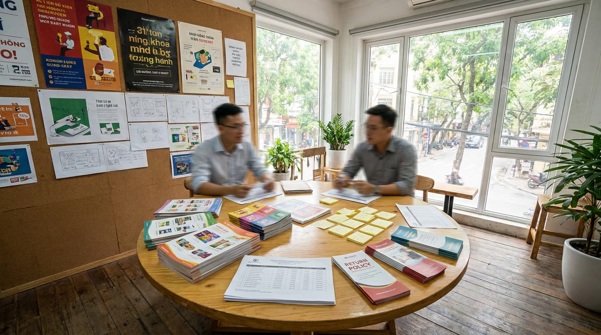 Phòng họp agency Việt với tài liệu sản phẩm, bảng giá và mockup chiến dịch