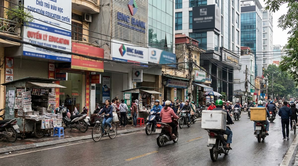 Phố Hà Nội với kios báo, xe giao hàng, trung tâm giáo dục và tòa nhà văn phòng