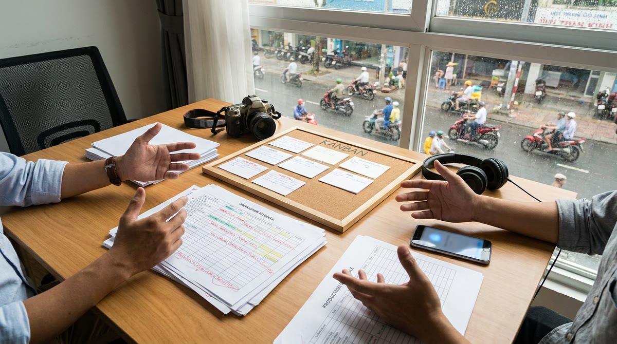 Small team reviewing a paper production schedule in a studio overlooking the street