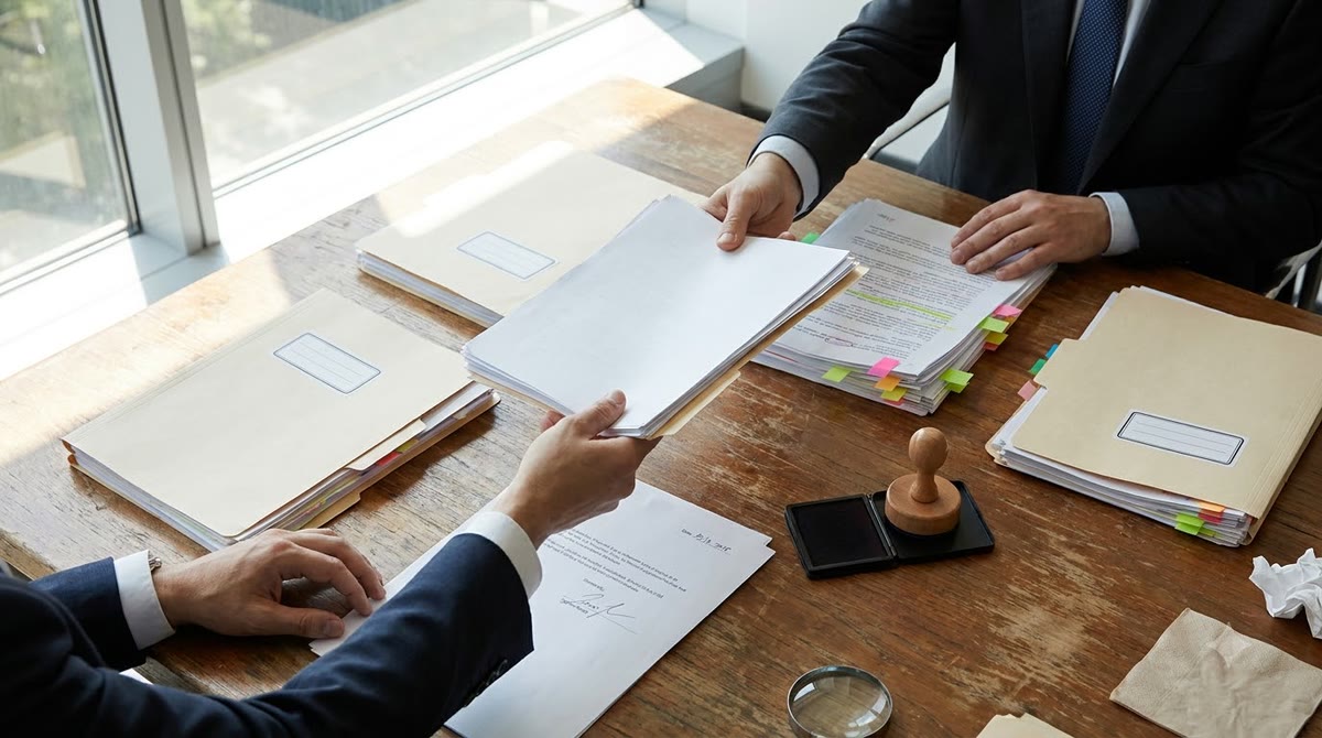 Bàn họp với bản nháp, dấu duyệt và hồ sơ giấy kiểm soát quy trình