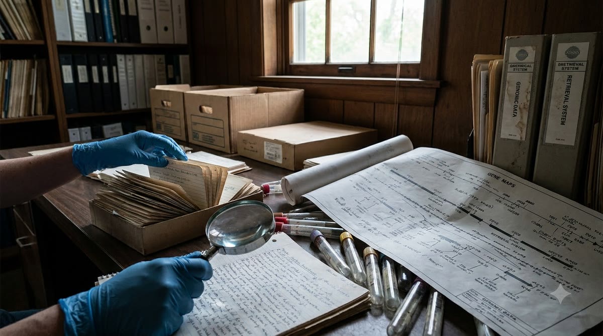 Biology research desk with paper samples, test tubes, and gloved hands reviewing genetic data