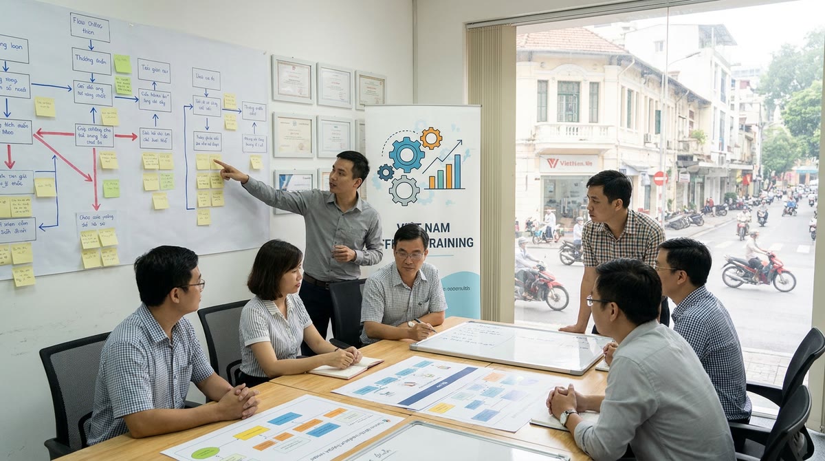 Phòng đào tạo tại Việt Nam với nhóm họp, bảng kế hoạch và tài liệu chứng chỉ AI
