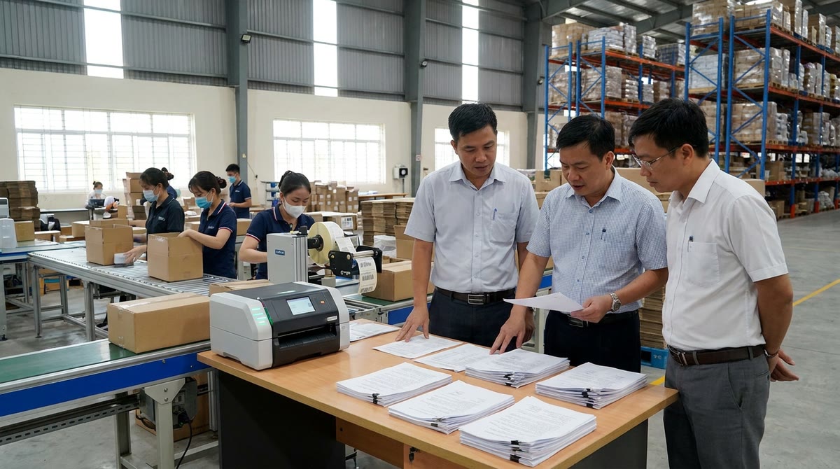 Quản lý và công nhân theo dõi báo cáo giấy cạnh khu đóng gói và kho hàng