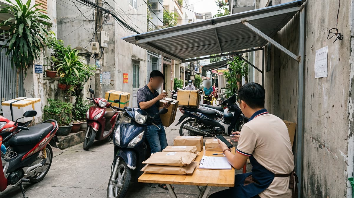 Điểm nhận hàng ở hẻm Việt Nam, nhân viên gọi xác nhận đơn