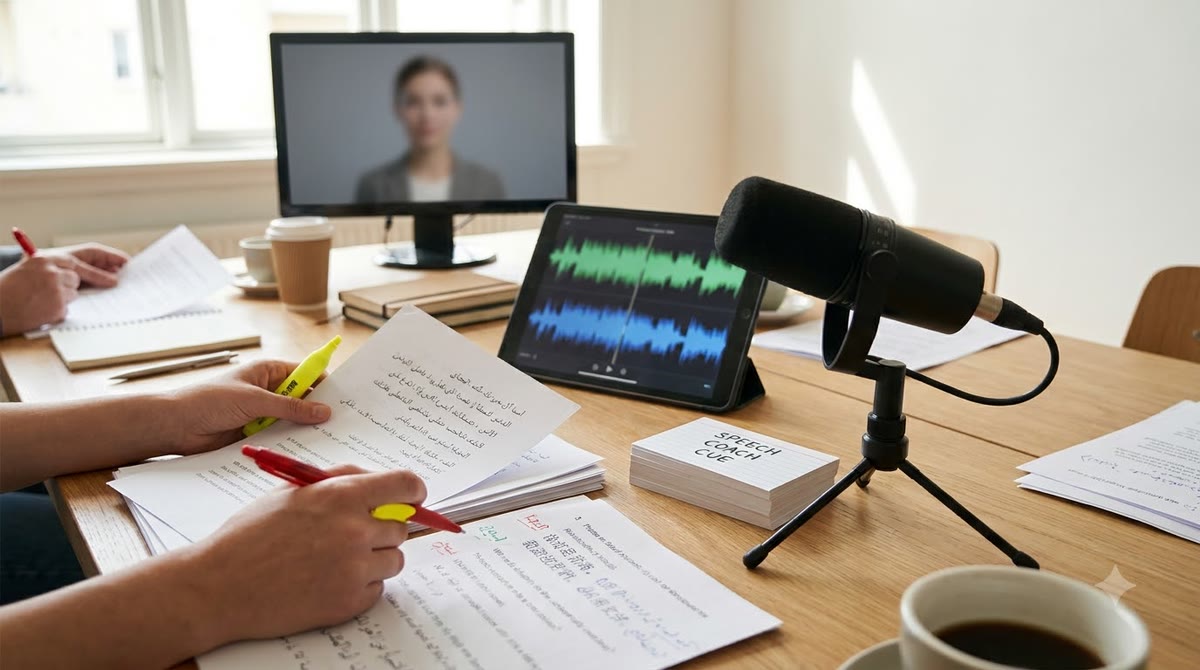 Bàn duyệt nội dung đa ngôn ngữ, micro lồng tiếng và hình avatar AI trên màn hình mờ