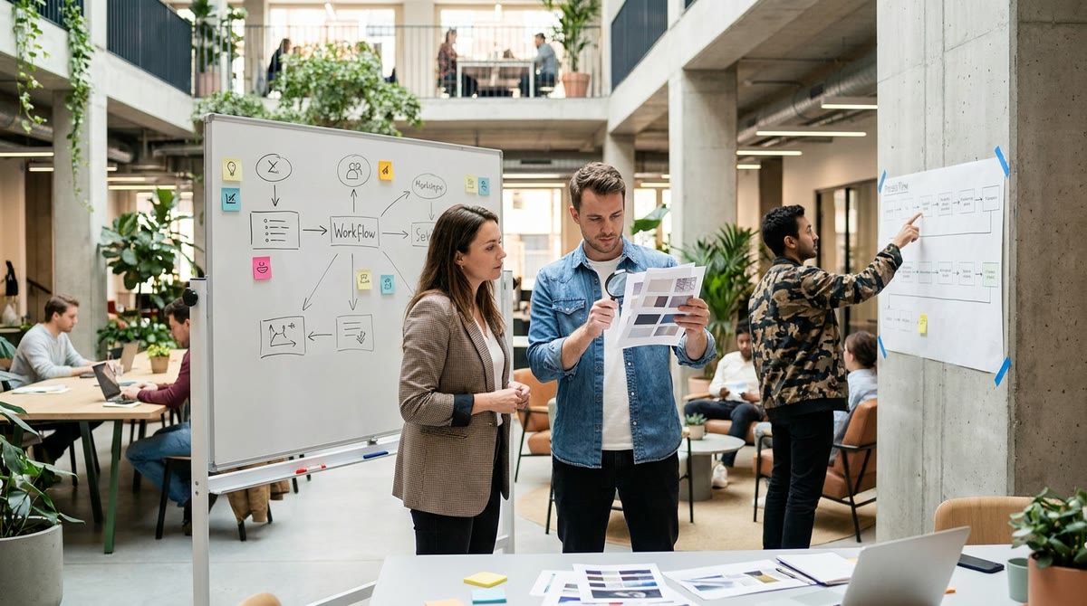 Marketer đứng cạnh sơ đồ luồng việc dán trên cột ở không gian coworking