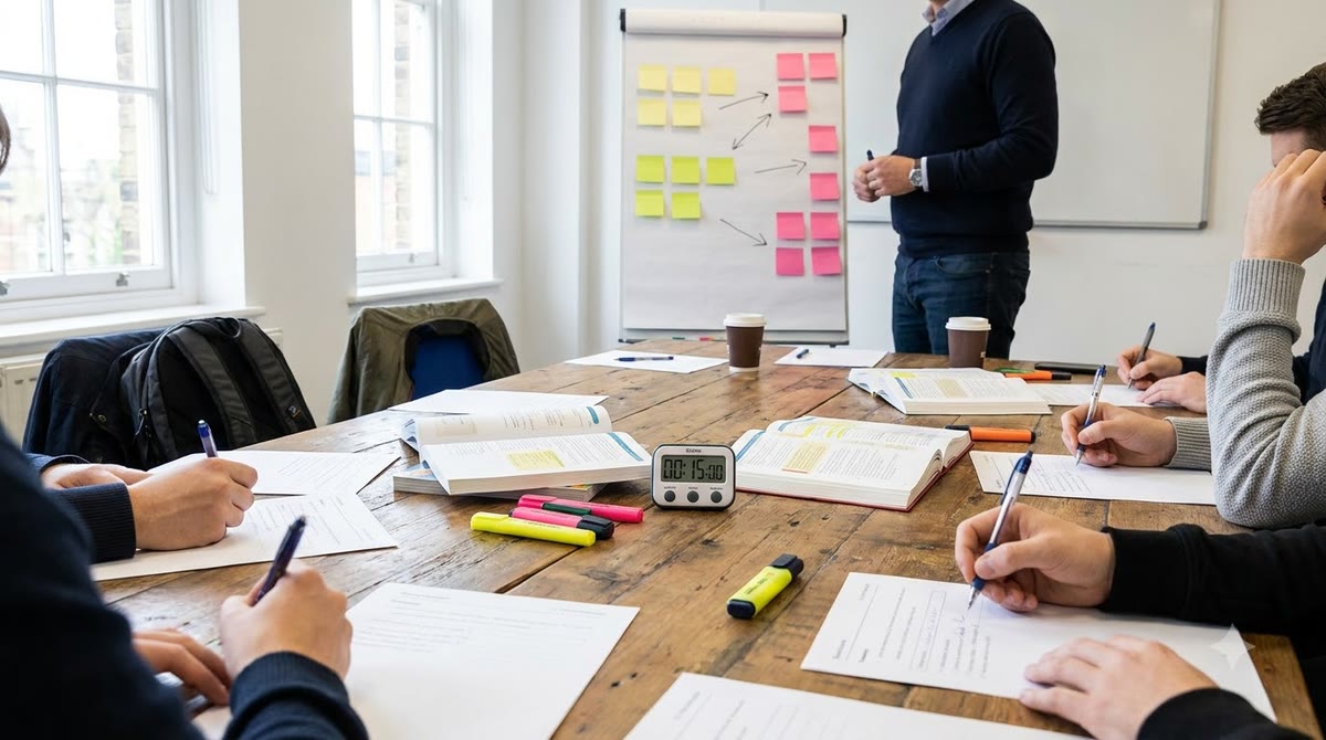 Nhóm nhân viên marketing học viết prompt trong phòng đào tạo với bảng ghi chú và tài liệu in