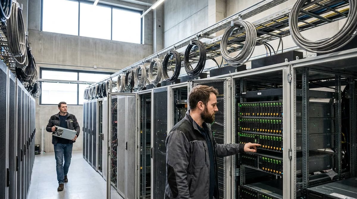 Hai kỹ thuật viên giữa dãy rack, đèn tín hiệu và thiết bị dự phòng cho nhiều yêu cầu đồng thời