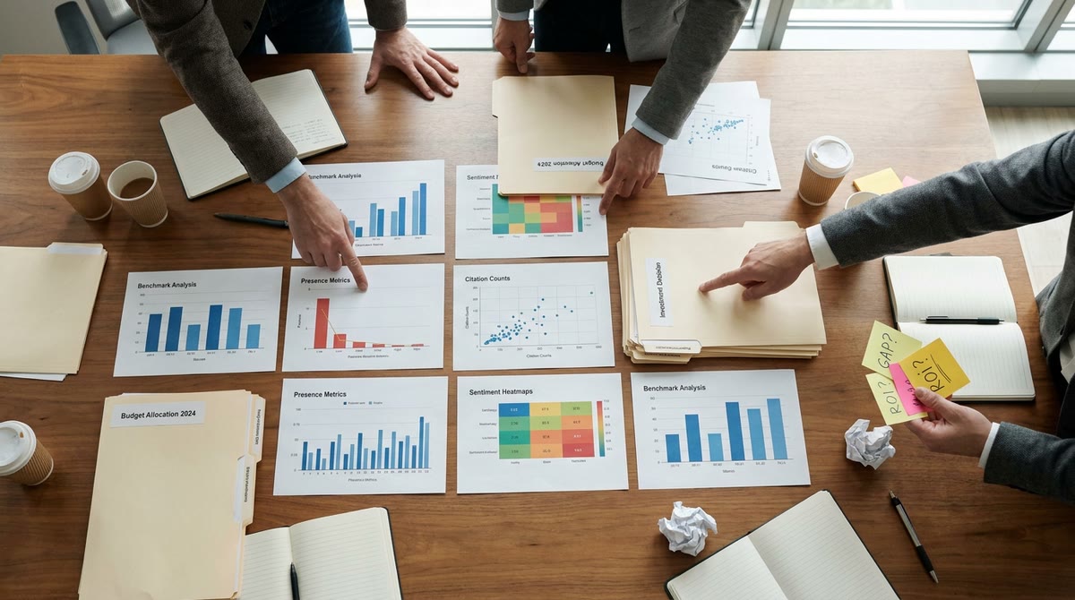 Bàn họp phủ đầy bảng benchmark, biểu đồ cảm xúc và hồ sơ phân bổ ngân sách