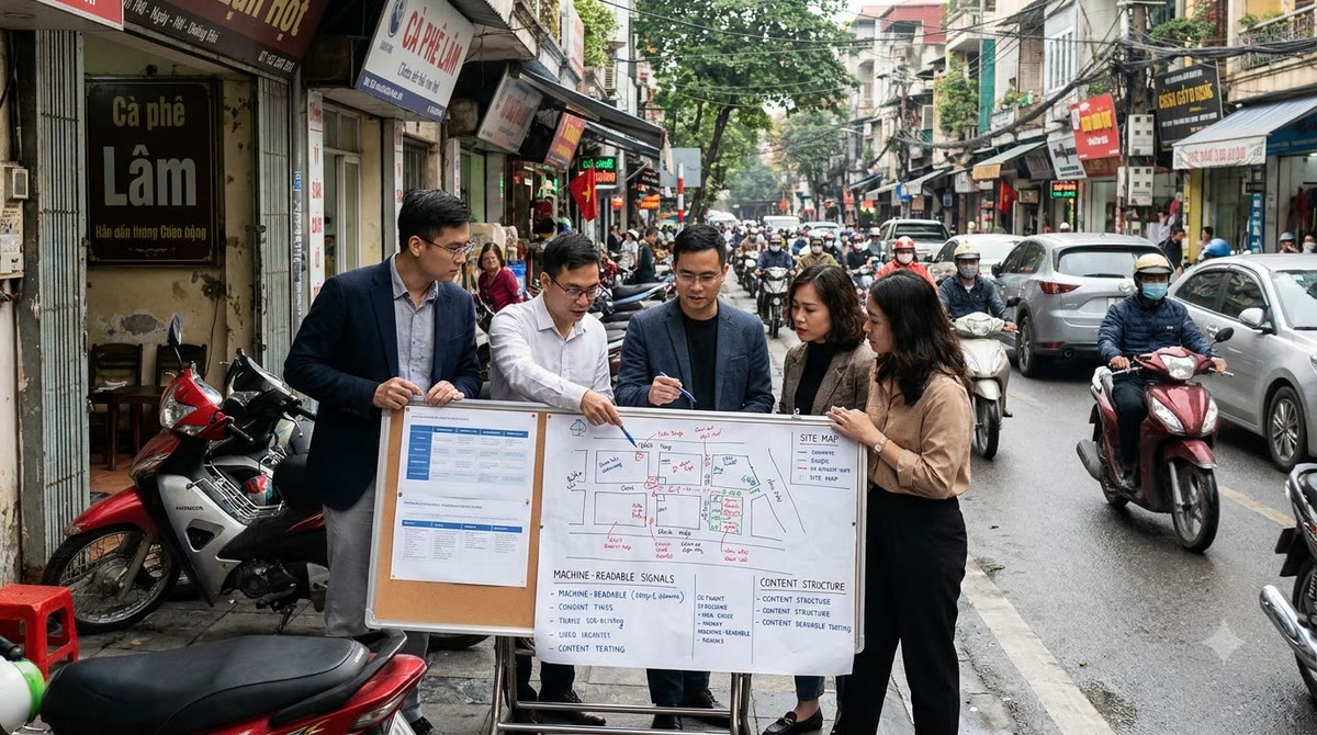 A marketing team standing on a Hanoi sidewalk looking at a site map and printed charts