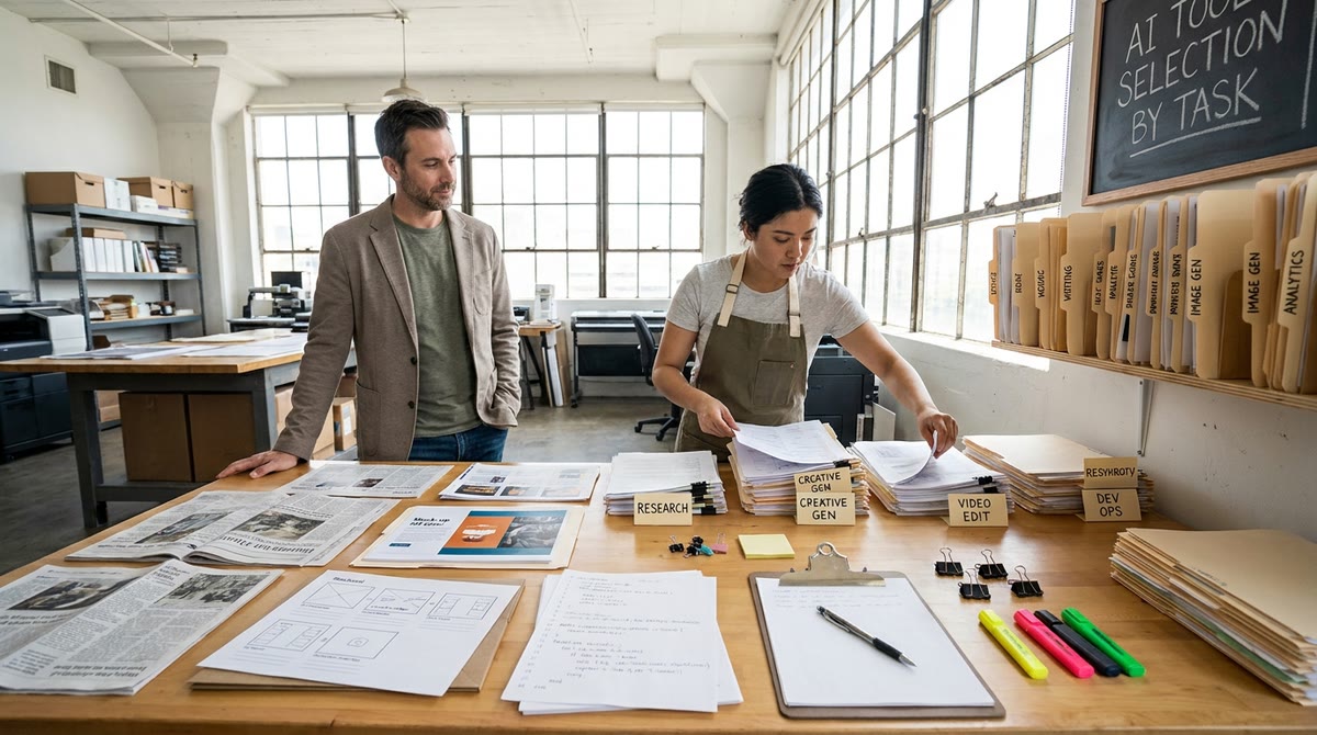Bàn làm việc đầy bản in, storyboard và giấy code, người trong nhóm phân loại theo từng tác vụ