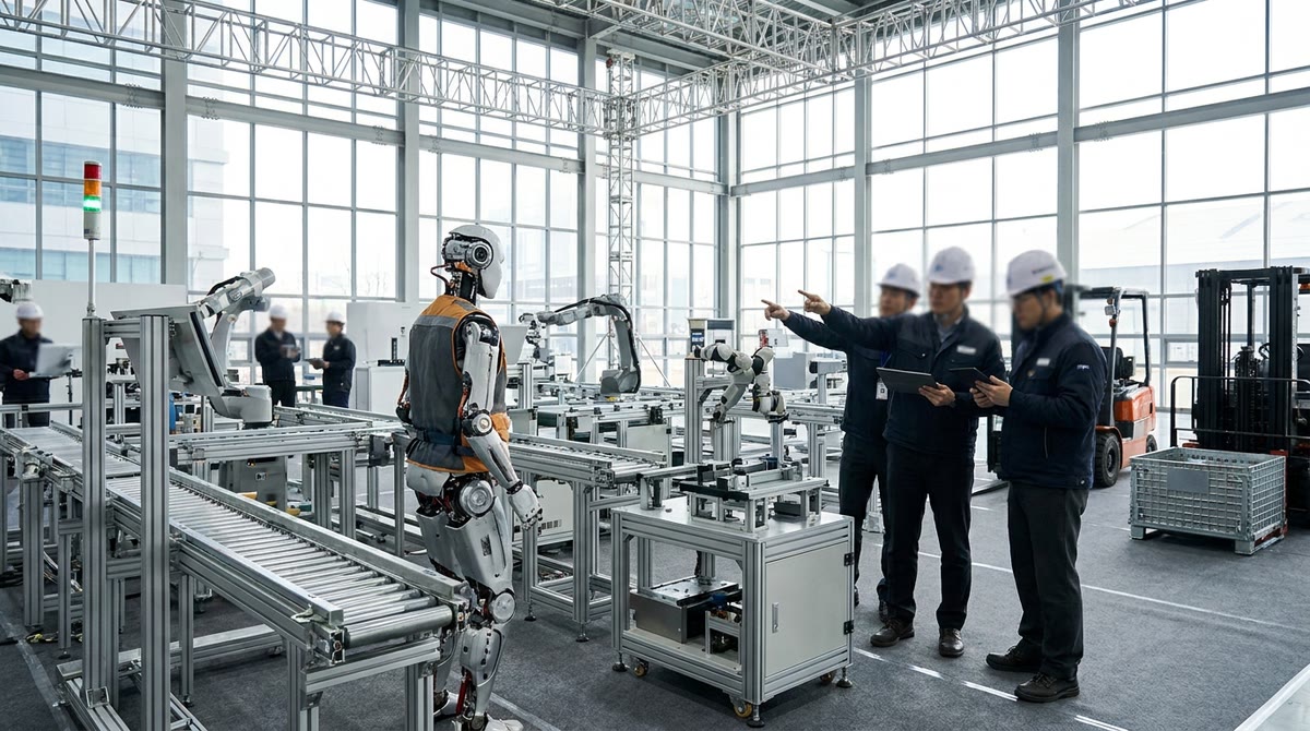 Robot humanoid đứng giữa khu trưng bày công nghiệp, xung quanh là băng chuyền và thiết bị máy móc