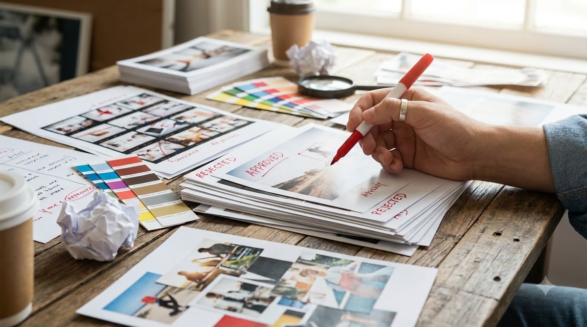 Bàn làm việc đầy bản in ảnh, mẫu cắt khung và hồ sơ brief đang được rà soát
