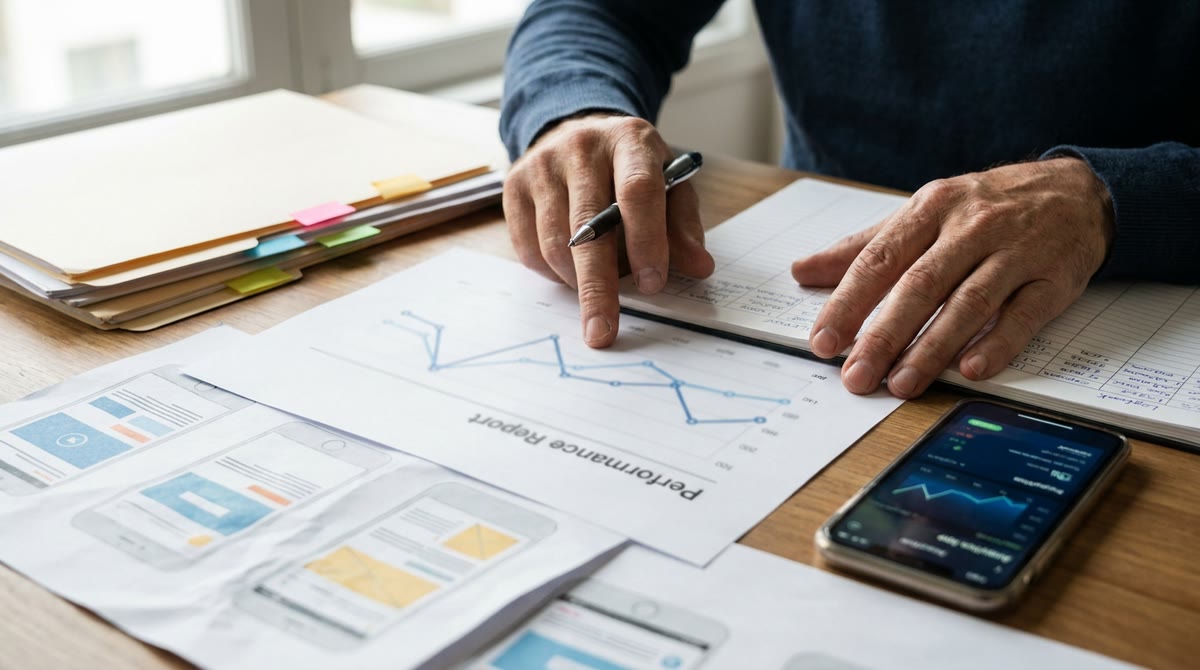 Nhân viên đối chiếu báo cáo in giấy với sổ log và tờ landing page trên bàn